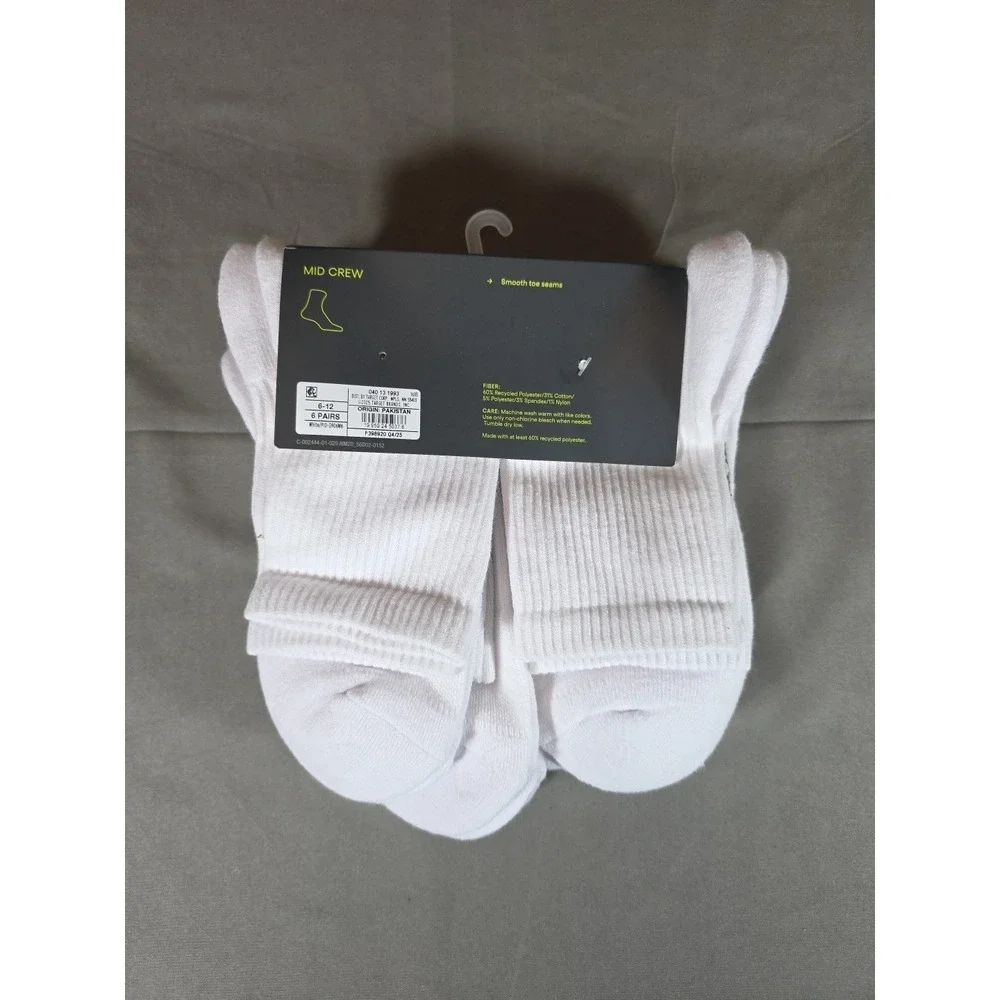 All In Motion Active Mid Crew Socks size 6-12 - Pack of 6 Pairs - White - NEW‎